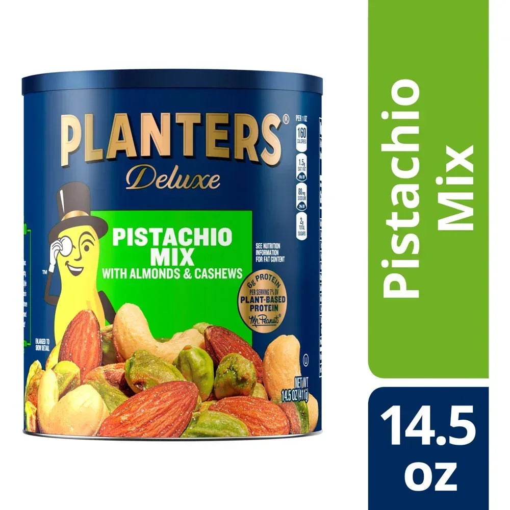 Deluxe Pistachio Mix, Party Snacks, Plant-Based Protein, 14.5 Oz Canister