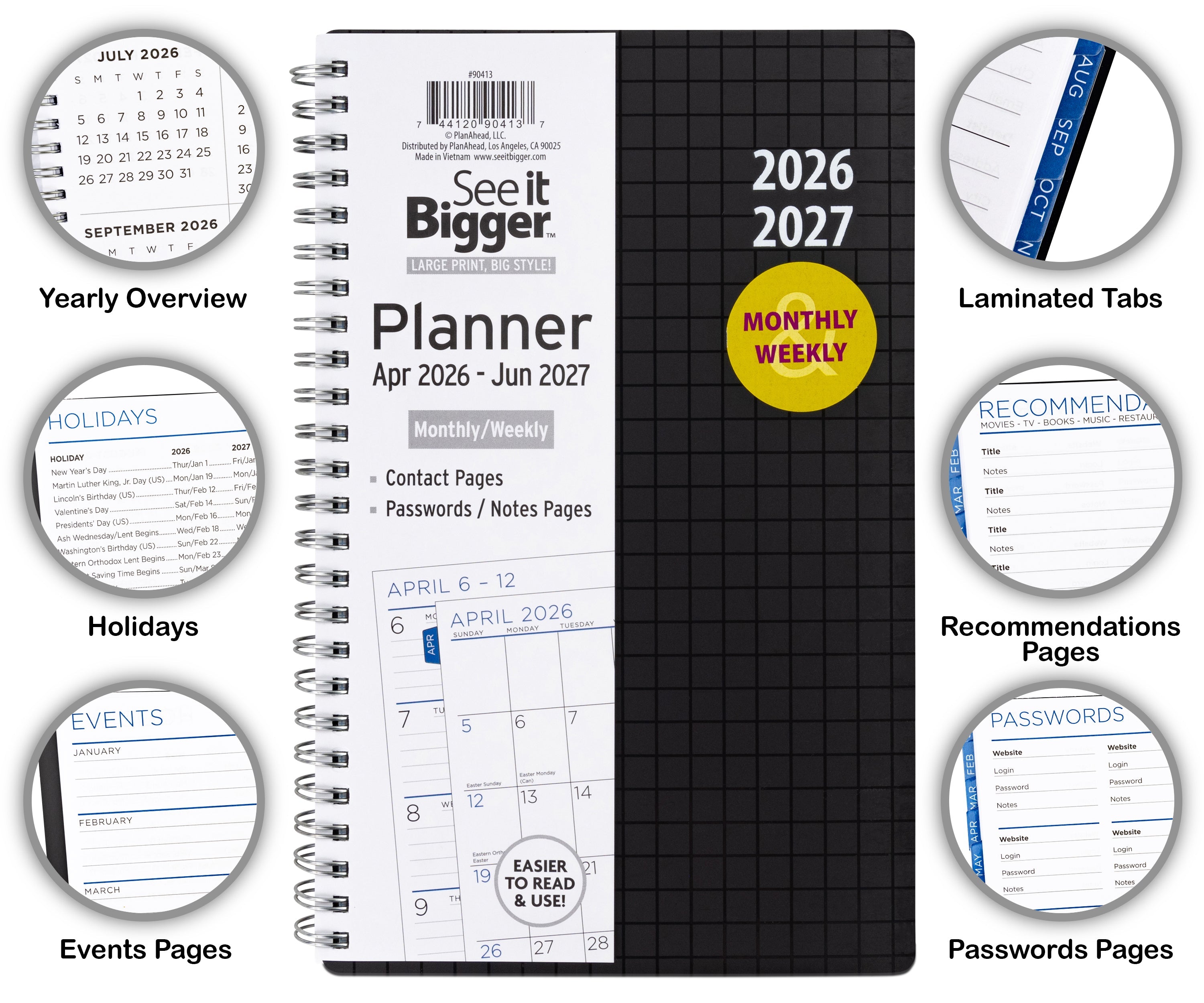 See It Bigger M/W Planner, Medium (5.5" x 8.75"), Black, 15-Month: Apr 2026 - Jun 2027