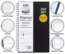 Black 15-month spiral planner with laminated tabs and sections for holidays, events, passwords