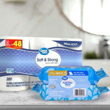 Flushable wipes multipack, blue-and-white wipes package on tabletop