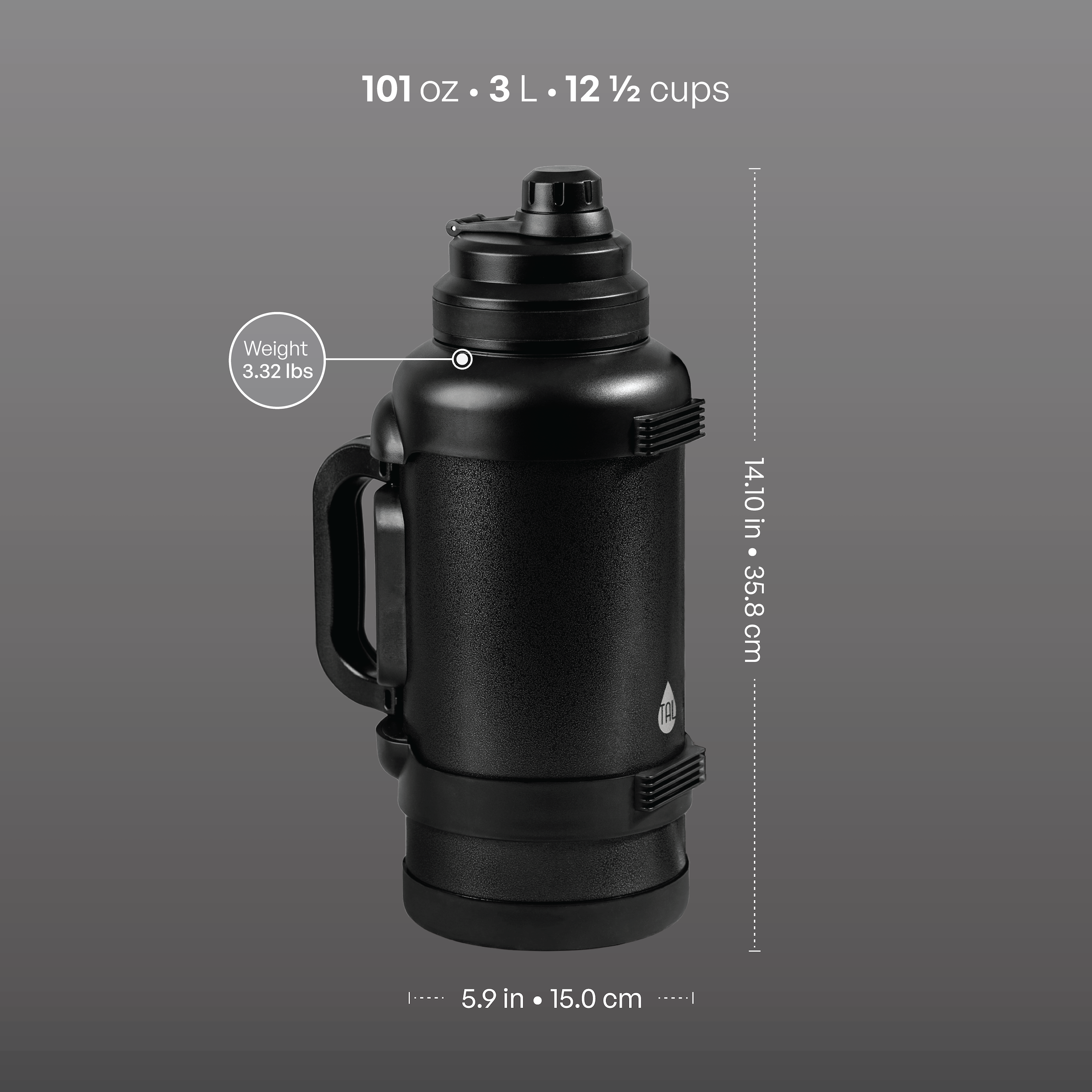 TAL 3 Liter Stainless Steel Zeus Black Water Bottle with Leak-Proof Lid