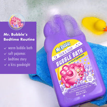 Mr. Bubble Calm & Sleep bubble bath bottle on blue towel with routine text