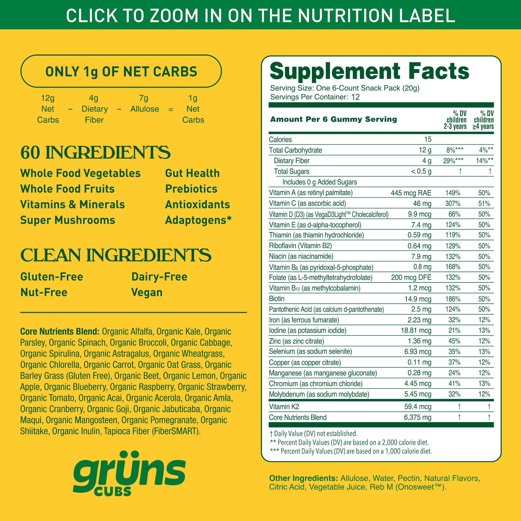 Gruns Kids Sugar-Free Super Greens Gummies, 21+ Vitamins & Minerals, 60 Organic Ingredients, Ages 2+, 12 Servings