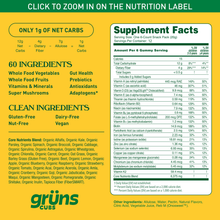 Supplement facts panel for kids gummies with 1 g net carbs and 60 ingredients