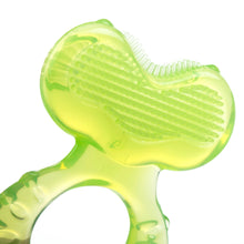 Green teether with textured bumps and curved animal shape