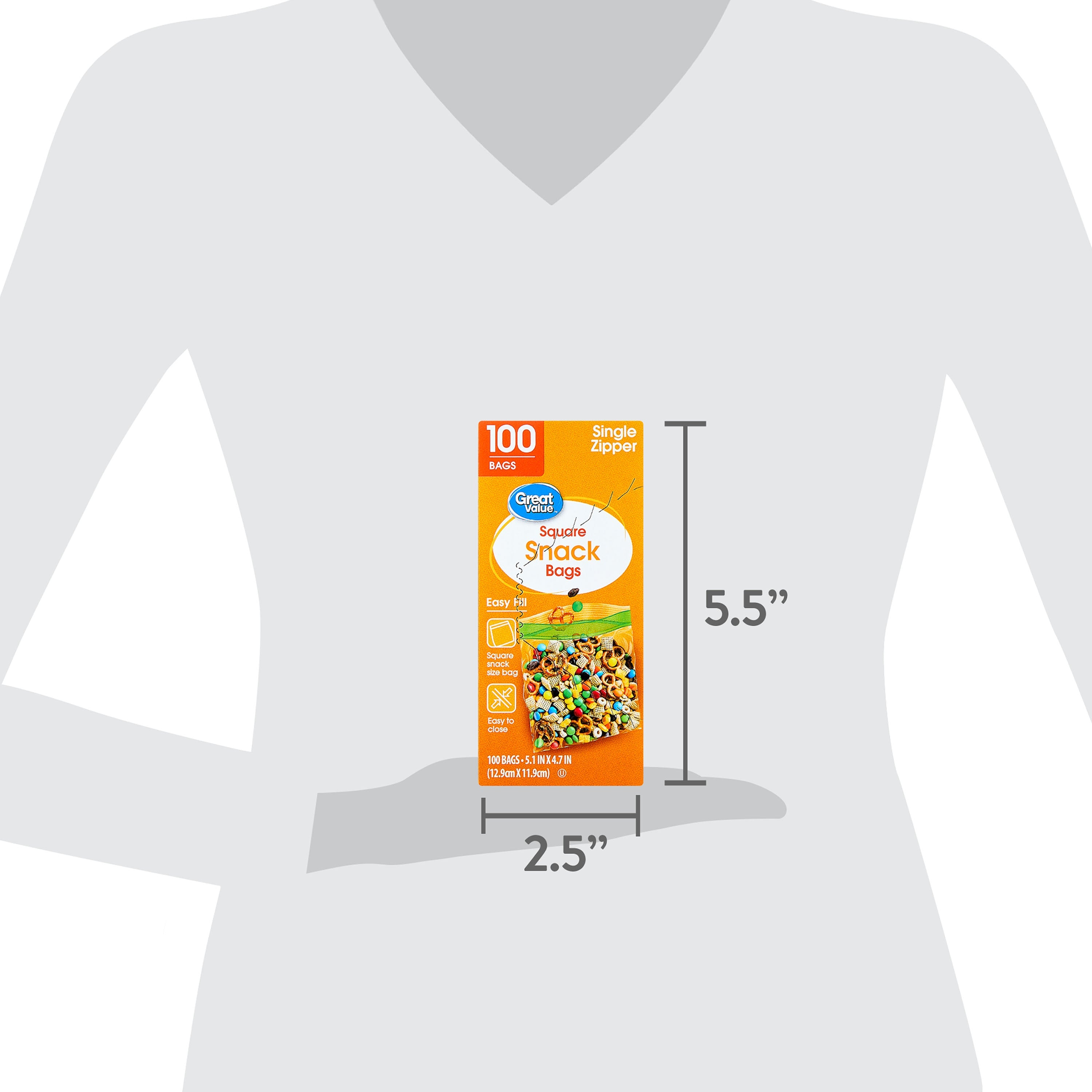 Great Value Fresh Seal Zipper Square Snack Bags, 100 Count