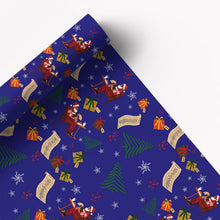 Navy wrapping paper with Santa, gifts, trees, snowflakes and list illustrations