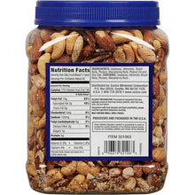 Jar back label with nutrition facts and ingredient list, nuts visible through glass