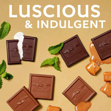 Chocolate squares with mint leaves and caramel drizzle on dessert