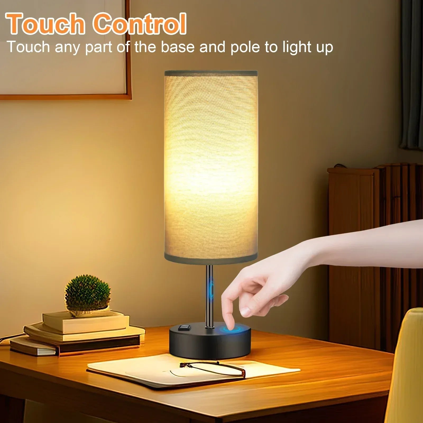 Table Lamps for Bedroom, 3 Way Dimmable Touch Control Bedside Lamp with USB C+A Fast Charging Ports, Nightstand Lamp for Office, Living Room, Reading(E26 Light Bulb Included)