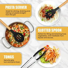 Silicone pasta server, slotted spoon, tongs and whisk tools with black heads and wood handles