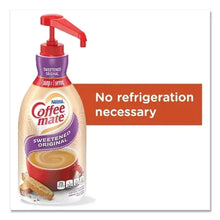 Sweetened original coffee creamer pump bottle, beige with red and purple cap