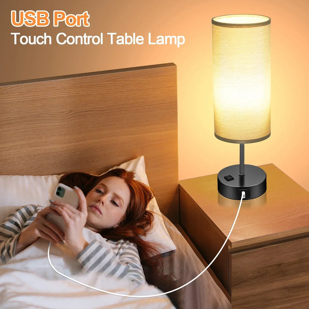 Table Lamps for Bedroom, 3 Way Dimmable Touch Control Bedside Lamp with USB C+A Fast Charging Ports, Nightstand Lamp for Office, Living Room, Reading(E26 Light Bulb Included) - USA MEGA SHOP