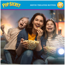 Pop Secret movie theater butter popcorn box with smiling friends holding popcorn bowls