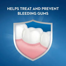 Crest mouthwash graphic with shield icon labeled Helps treat and prevent bleeding gums