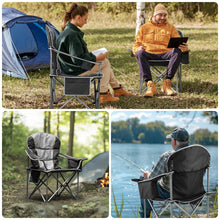 Portable camping folding chair with padded back and side storage pocket, outdoor-ready