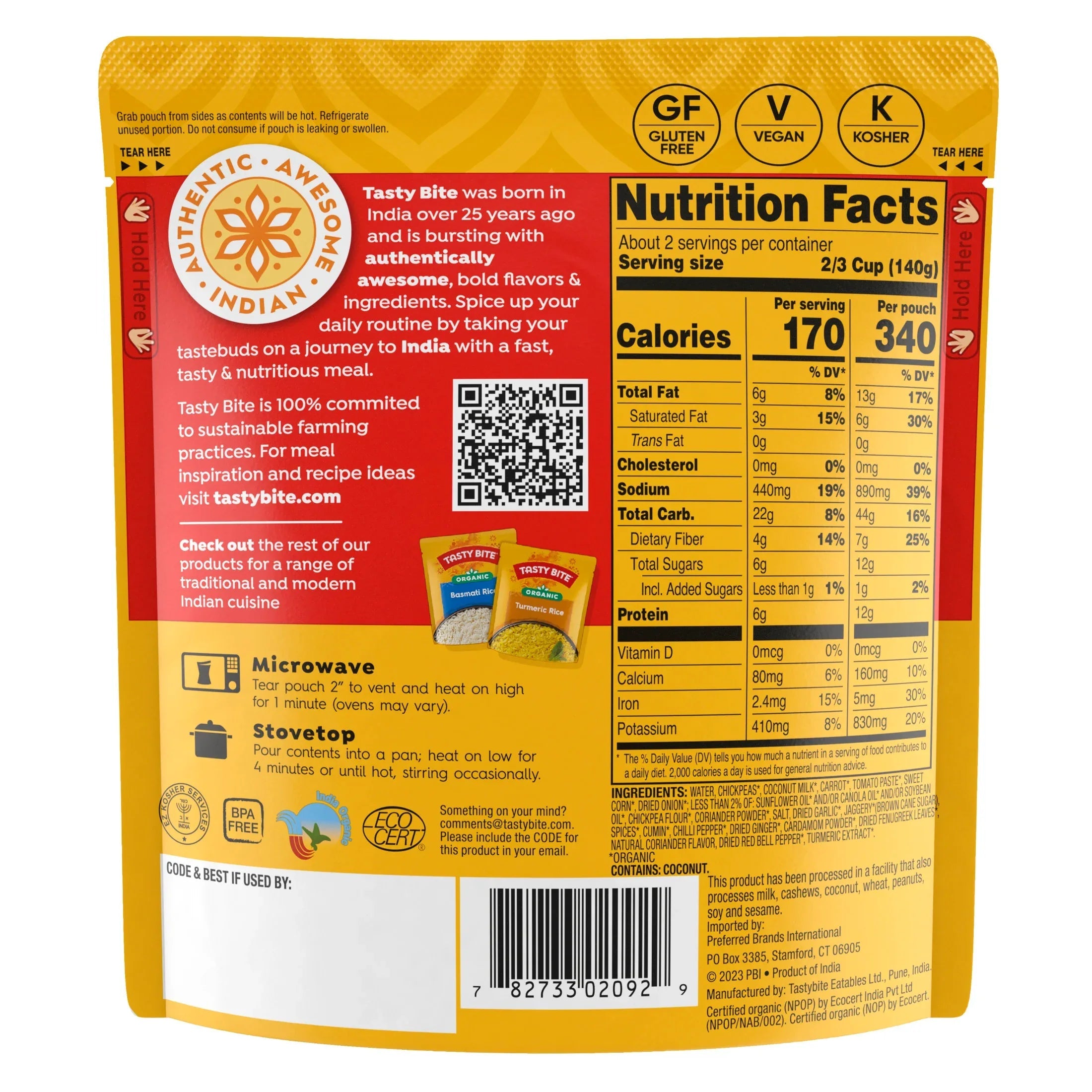Tasty Bite Organic Chickpea Tikka Masala 10oz - Rich chickpea tikka masala
