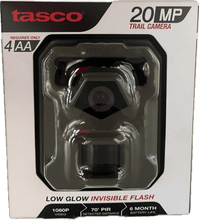 Tasco 20MP trail camera box showing lens and low glow invisible flash
