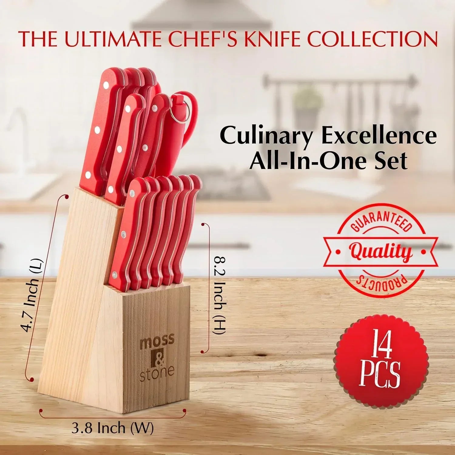 Moss & Stone Professional Kitchen Knife Chef Set, Small Knife Set With Block, Black Titanium Plated Kitchen Knife Set, Stainless Steel Scratch Resistant & Rust Proof Sharp Kitchen Knives.
