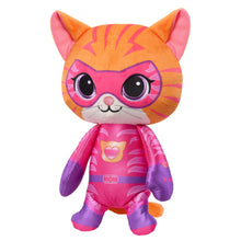 15-inch plush cat toy front view, orange face, purple paws, pink and purple suit