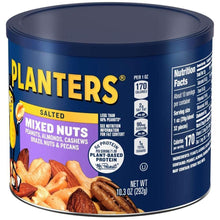 Planters salted mixed nuts canister back panel with Nutrition Facts and net wt 10.3 oz