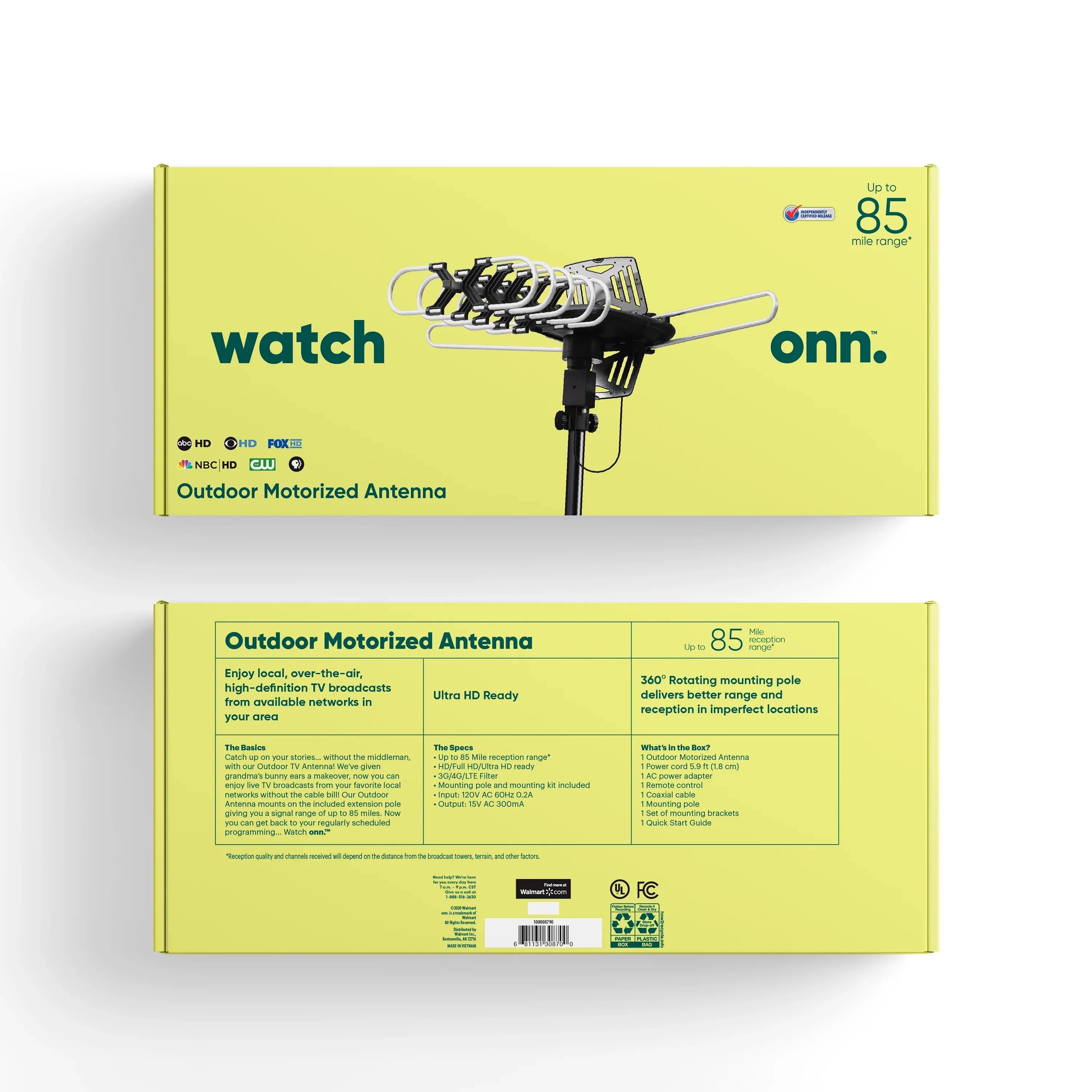onn. Outdoor TV Antenna with Pole, up to 85-Mile Reception Range, Ultra-HD/Full HD/HD Ready