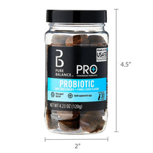 Dog probiotic soft chews jar with size markings, clear jar and black cap