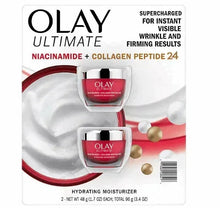 Hydrating moisturizer box with two red OLAY jars and silver lids, Niacinamide + Collagen Peptide 24