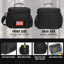 Black lunch cooler bag with front pocket details, mesh side pockets, and Molle webbing back.