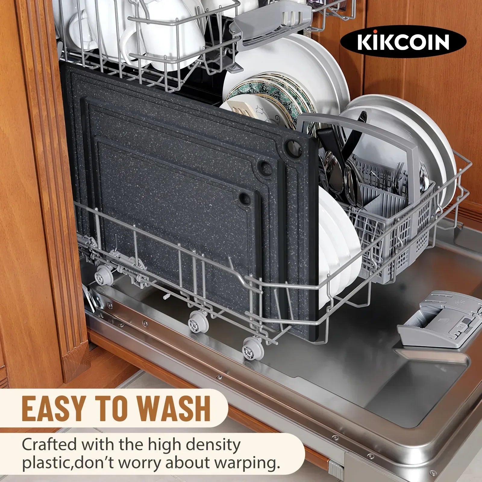 Kikcoin 3-Piece Plastic Large Cutting Boards Set for Kitchen, Non-slip Feet and Juice Grooves, Multicolor