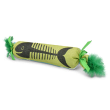 Plush fish bone cat kicker toy with green ribbon bows and pom pom ends, black print on lime