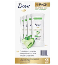 4-pack deodorant sticks in white Dove Advanced Care Cool Essentials cartons