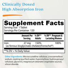 Iron supplement Supplement Facts label showing 27 mg per serving