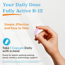 Hand holding a pink veggie capsule with label “Your Daily Dose Fully Active B-12”