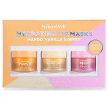 NatureWell hydrating lip masks set with Mango, Vanilla, and Berry jars.