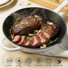 White enameled cast iron skillet with cooked meat, black interior and side handles