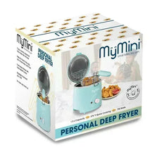 Aqua MyMini electric deep fryer box with teal fryer and frying basket