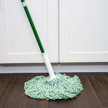 Twist mop head with green-and-white yarns on white sleeve at green handle