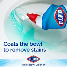 Clorox toilet bowl cleaner bottle pouring gel into toilet bowl, blue liquid