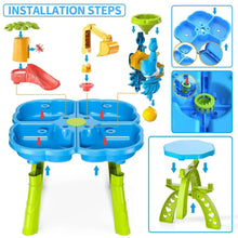 Kids dinosaur sand and water table with blue basin, green legs, and parts diagram