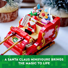 Red sleigh with Santa minifigure and colorful accessory pieces