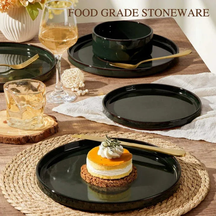 Vesteel 12-Piece Dinnerware Set, Ceramic Tableware Reactive Glaze Plates and Bowls Sets, Healthy Yixing Purple Clay Dishes Set, Dishwasher & Microwave Safe - Blackish Green