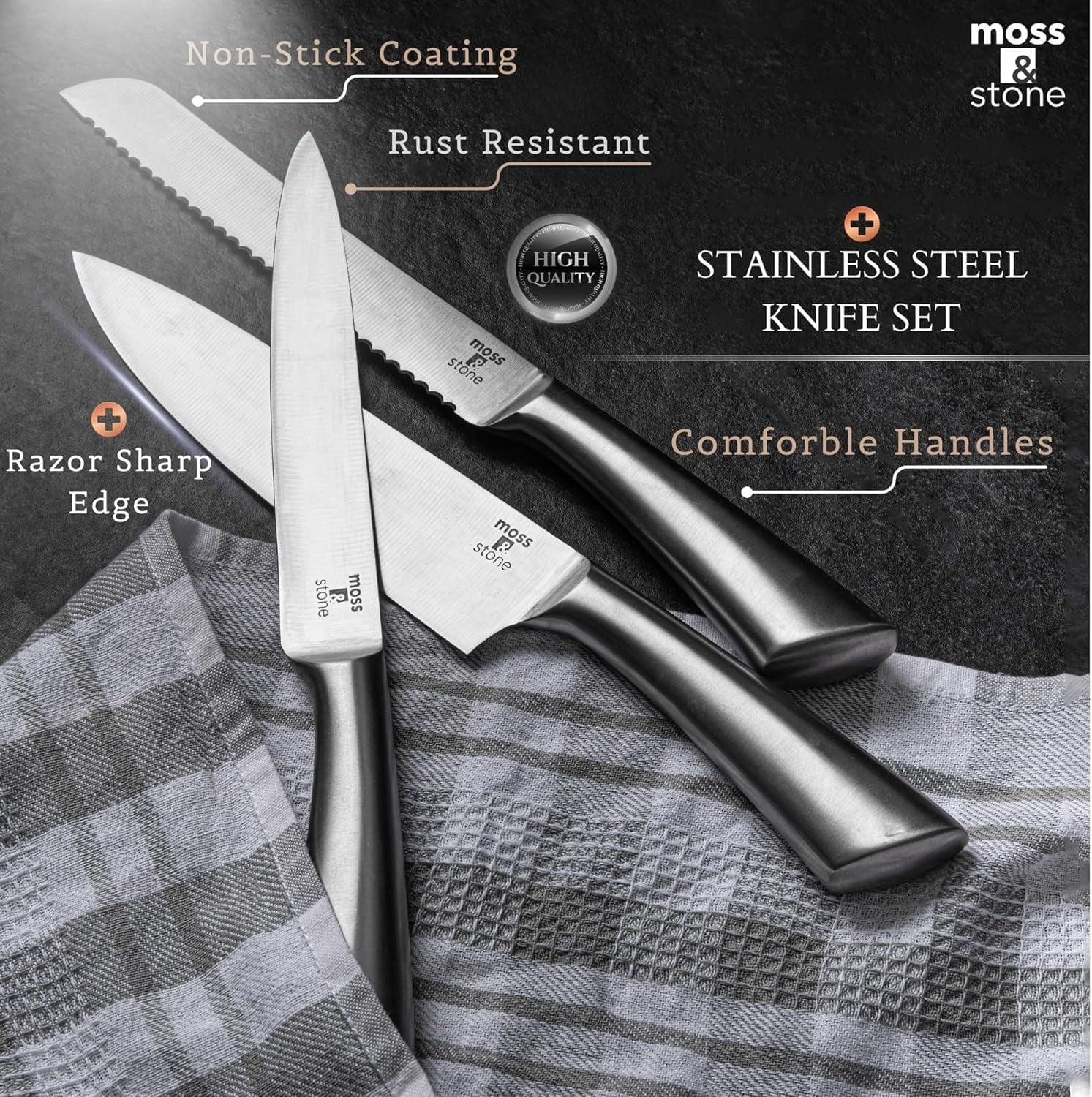 Moss & Stone Professional Kitchen Knife Chef Set, Small Knife Set With Block, Black Titanium Plated Kitchen Knife Set, Stainless Steel Scratch Resistant & Rust Proof Sharp Kitchen Knives. - USA MEGA SHOP