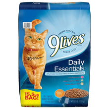 Daily Essentials dry cat food bag, blue pouch with orange cat illustration