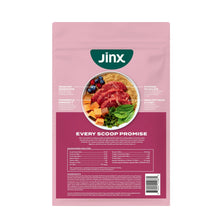 Jinx dry dog food bag back with feeding information and barcode label.