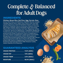 Complete & balanced ingredients display with meat, eggs, and peas