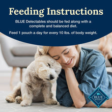 Feeding instructions for Blue Buffalo Delectables hearty beef topper pouch, with dog