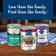 Variety pack of wet dog food cans with hearty beef stew
