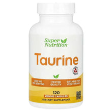 Super Nutrition Taurine supplement bottle, 120 veggie capsules label