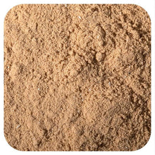 Chocolate whey protein powder, fine brown powder texture in a square view